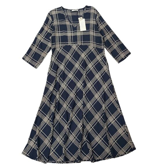 MASAI Copenhagen Narcelle Midi Dress Womens Medium Navy V-Neck Check Academia - Picture 1 of 12